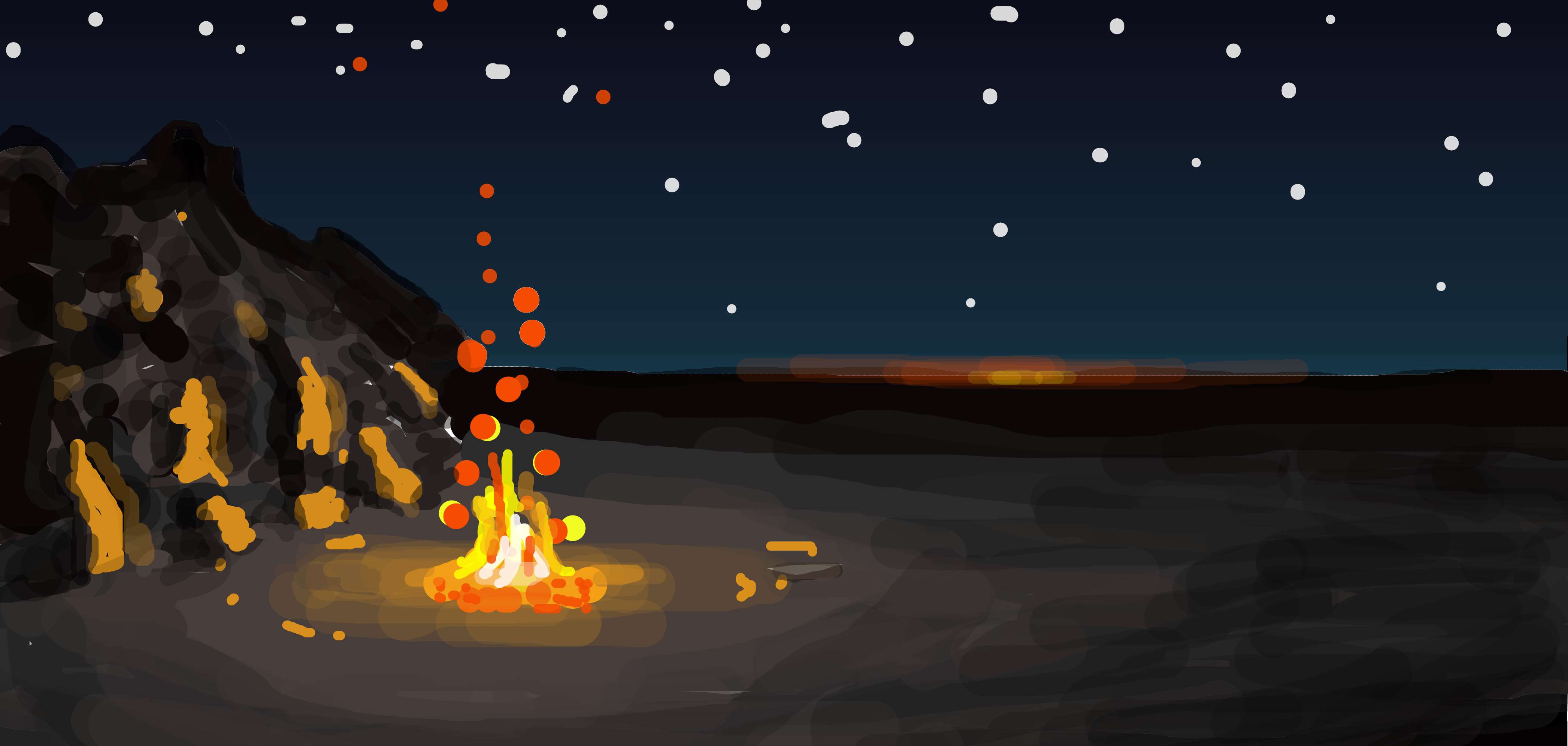 sketch of a campfire lighting up the rocky outcropping at the edge of a large desert, just after sunset.