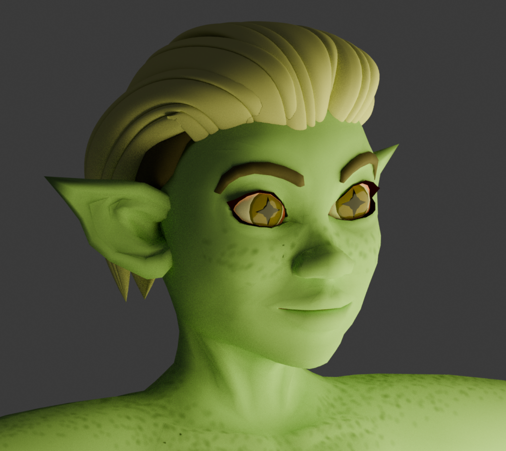 a green woman's head, featuring her blond swept back undercut, large pointed ears, and large yellow eyes.