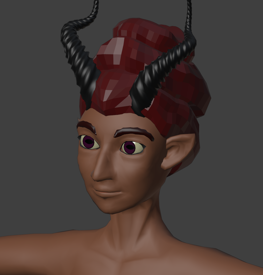 a slender goat-horned woman with dark skin and roughed-in dark red hair