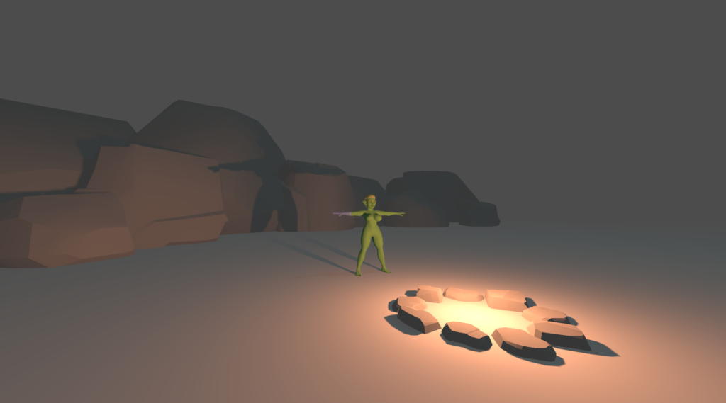 a t-posing naked gobin woman near a phantom camp fire with a low rock ridge behind her.