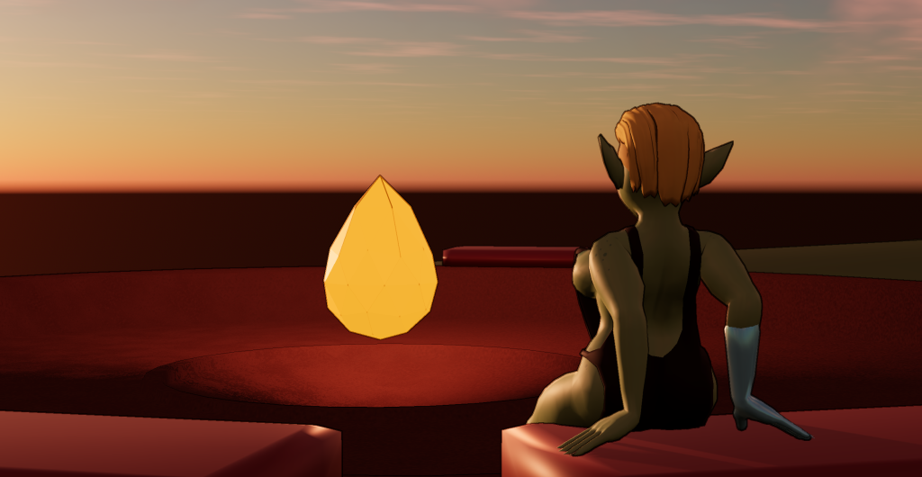 a green goblin woman watching the sunset next to a placeholder fire
