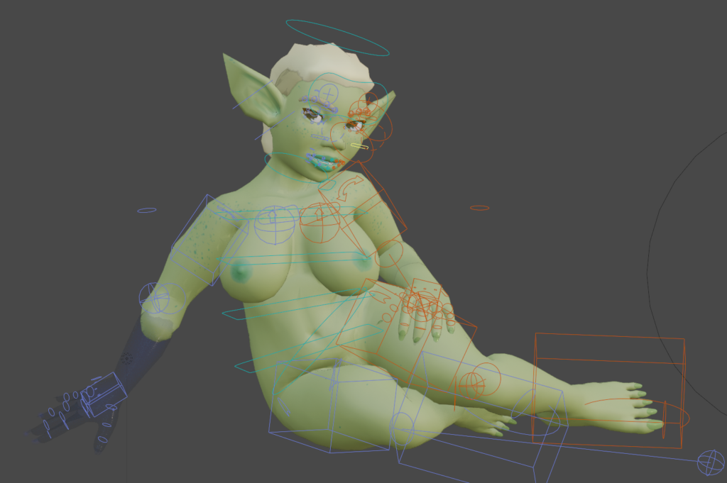 a naked green goblin woman resting on her side with blender and auto rig pro controls overlays