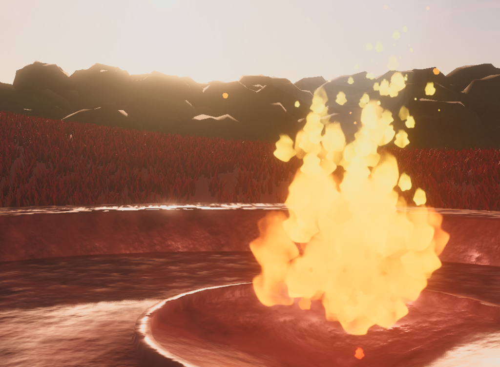 a stylized fire burns in a stone circle as the sun sets behind some slightly pointy trees