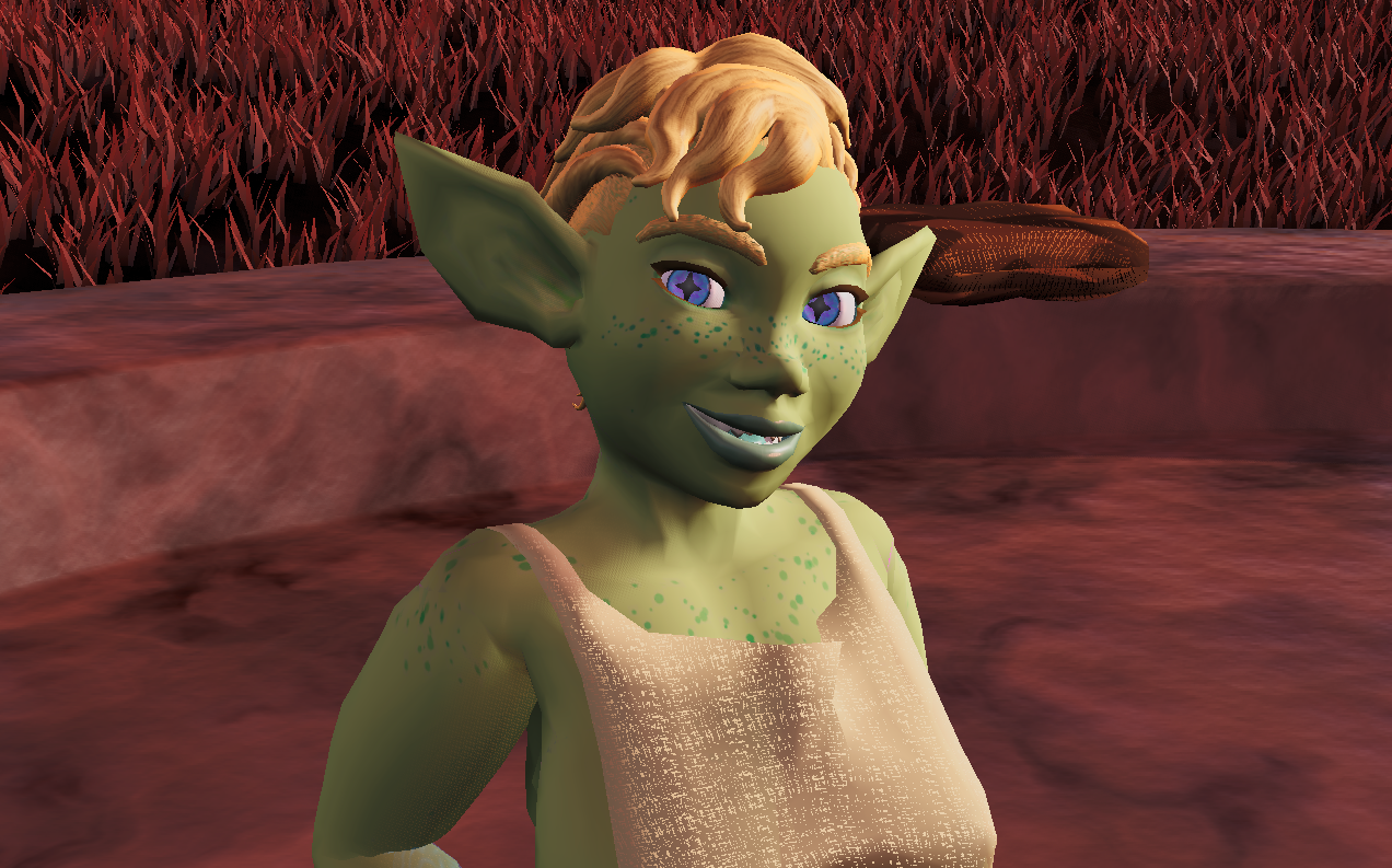 a green goblin woman with a moptop mohawk side braids and an undercut wearing a woven dress in the late afternoon sun.