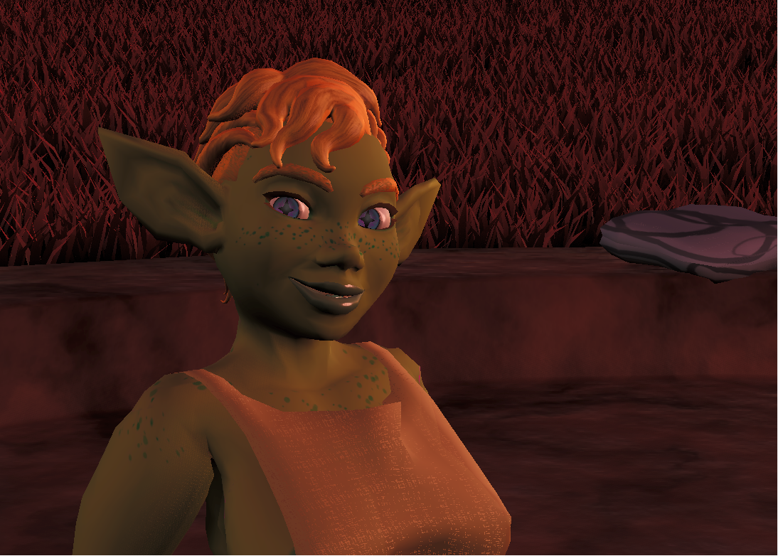 a green goblin woman with a moptop mohawk side braids and an undercut wearing a woven dress bathed in firelight.